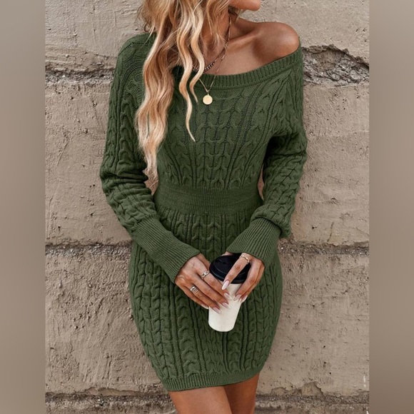 NEW Green Cable Knit Sweater Dress - Picture 3 of 7